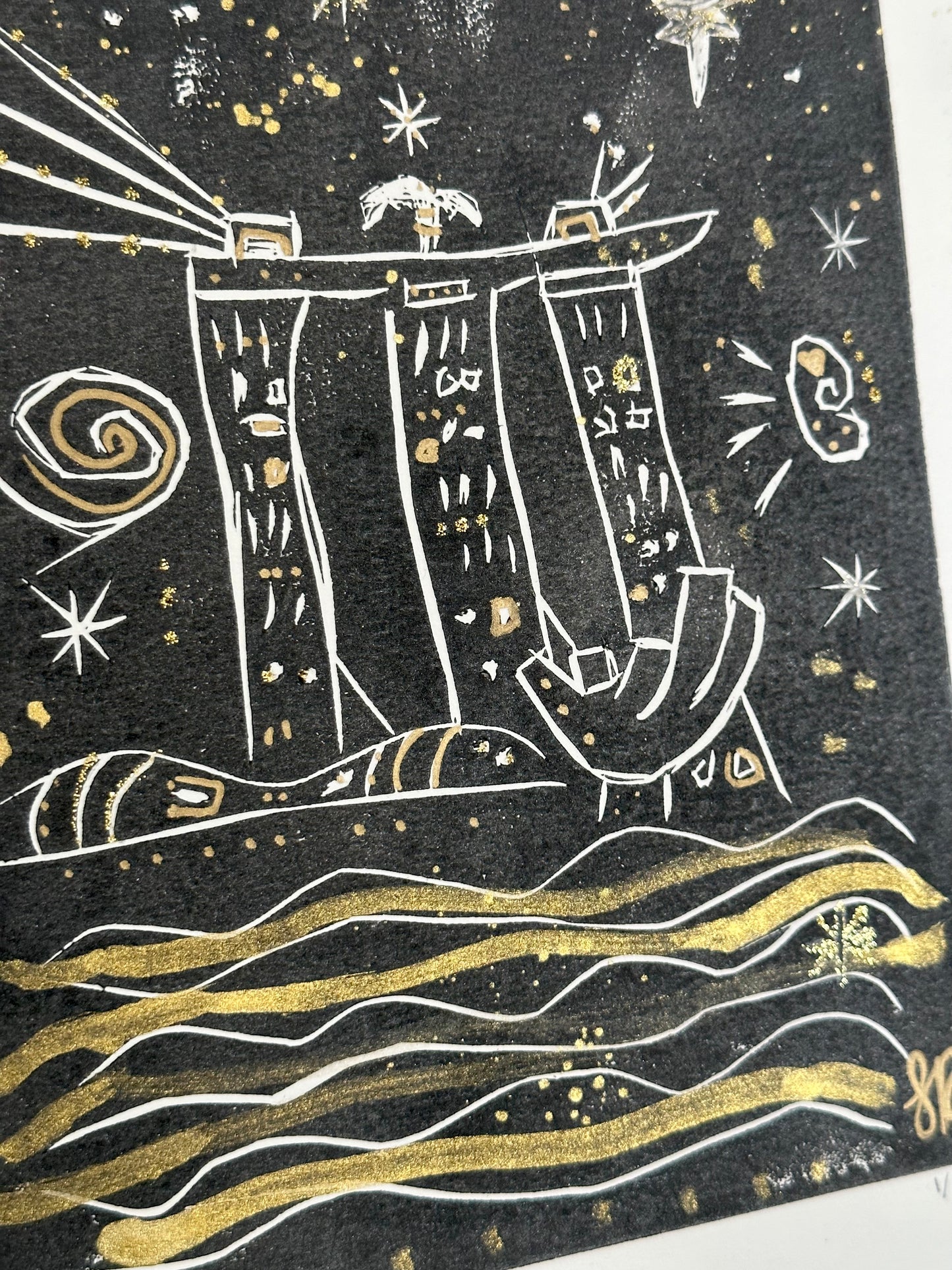 Starry Night In Singapore Black Shimmer Lino Print