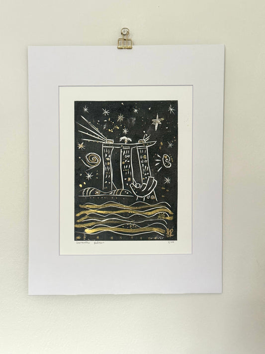 Starry Night In Singapore Black Shimmer Lino Print