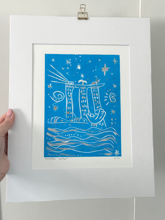 Starry Night in Singapore Sky Blue Lino Print