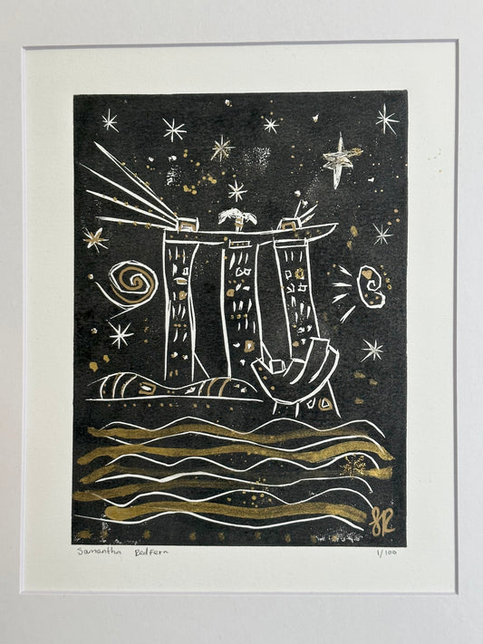 Starry Night In Singapore Black Shimmer Lino Print