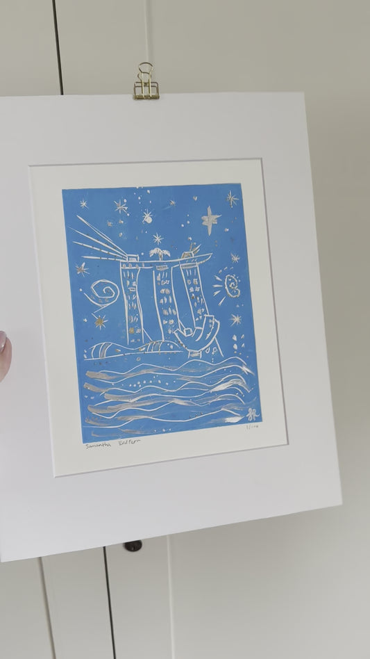 Starry Night in Singapore Sky Blue Lino Print